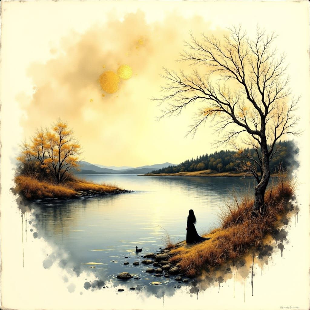 Dreamlike Lakeside Scene in Burnished Gold and Watercolour