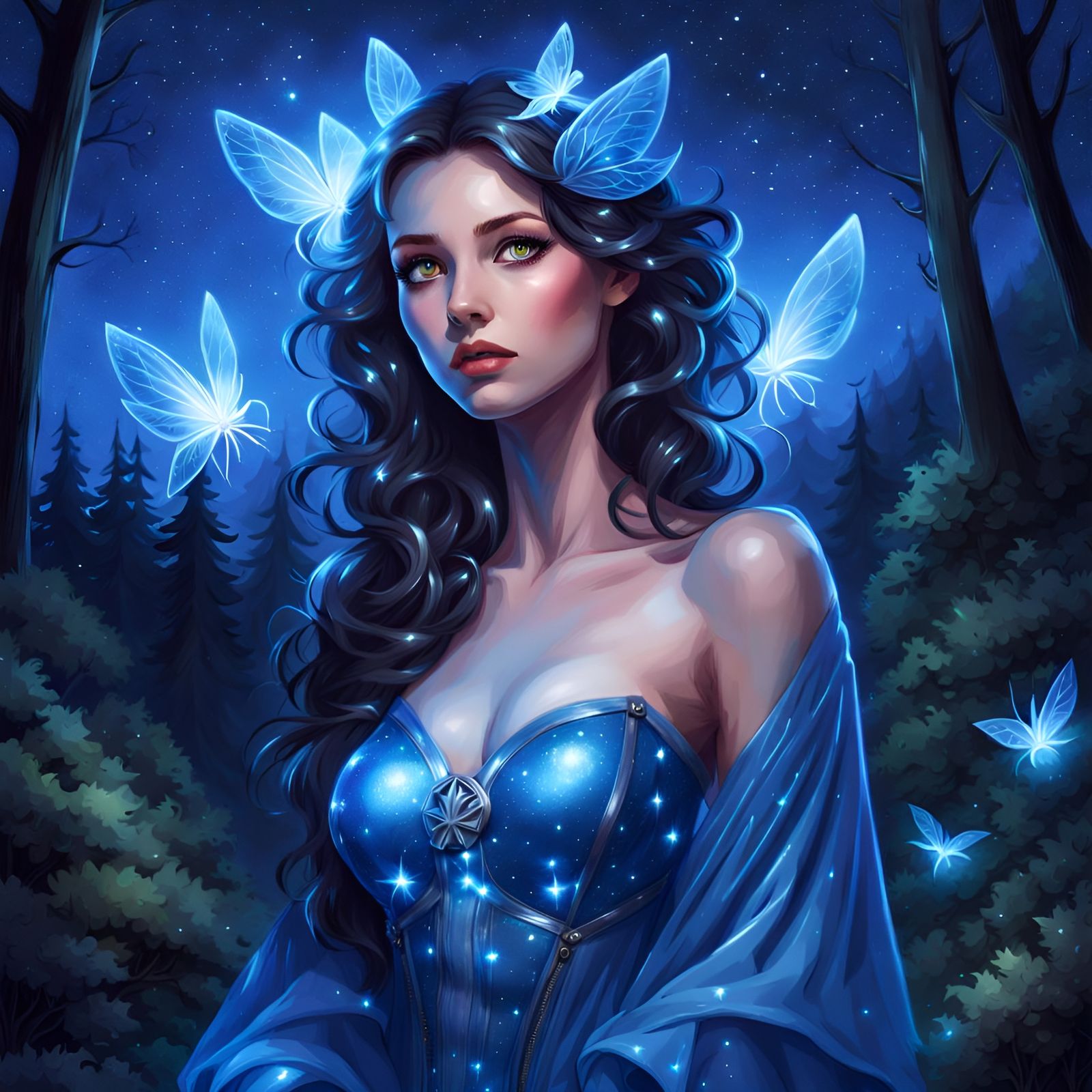 Enchantress in Glowing Forest: A Royo-Inspired Portrait