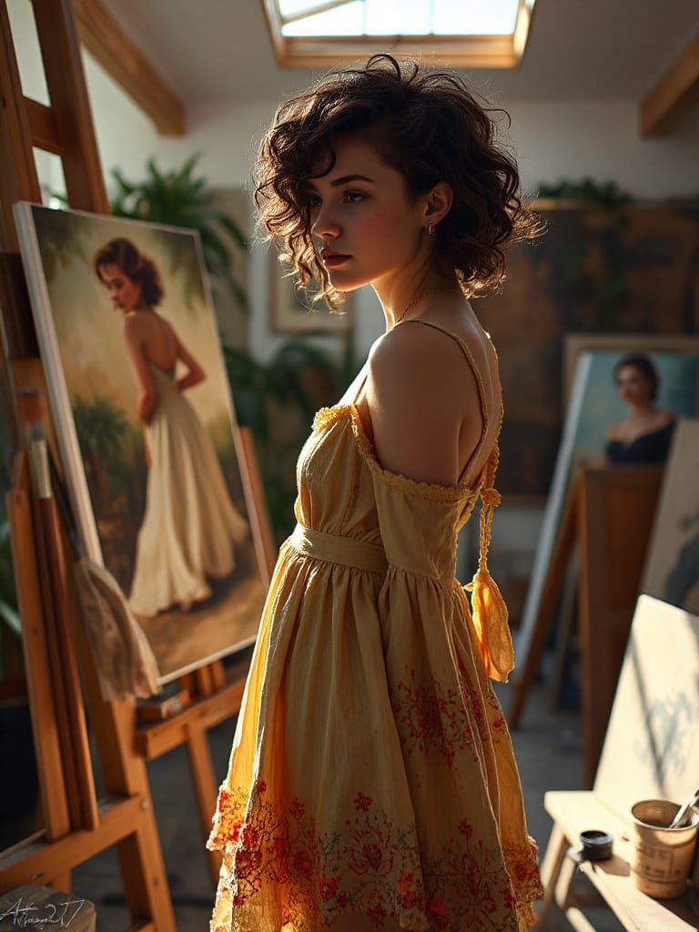 Young Artist Lost in Thought, Oil Painting Style