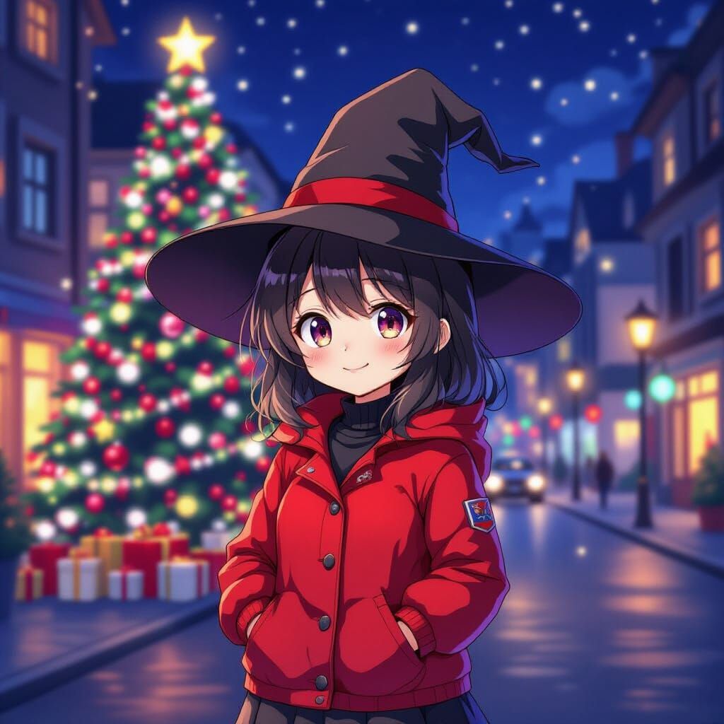 Anime Witch Girl in Night City, Vibrant Hot Style