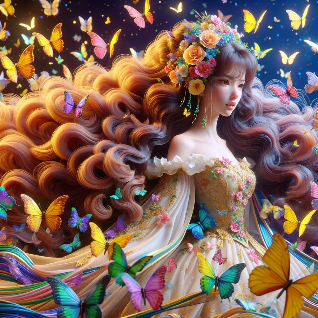 Princess With Voluminous Hair Surrounded By Butterflies
