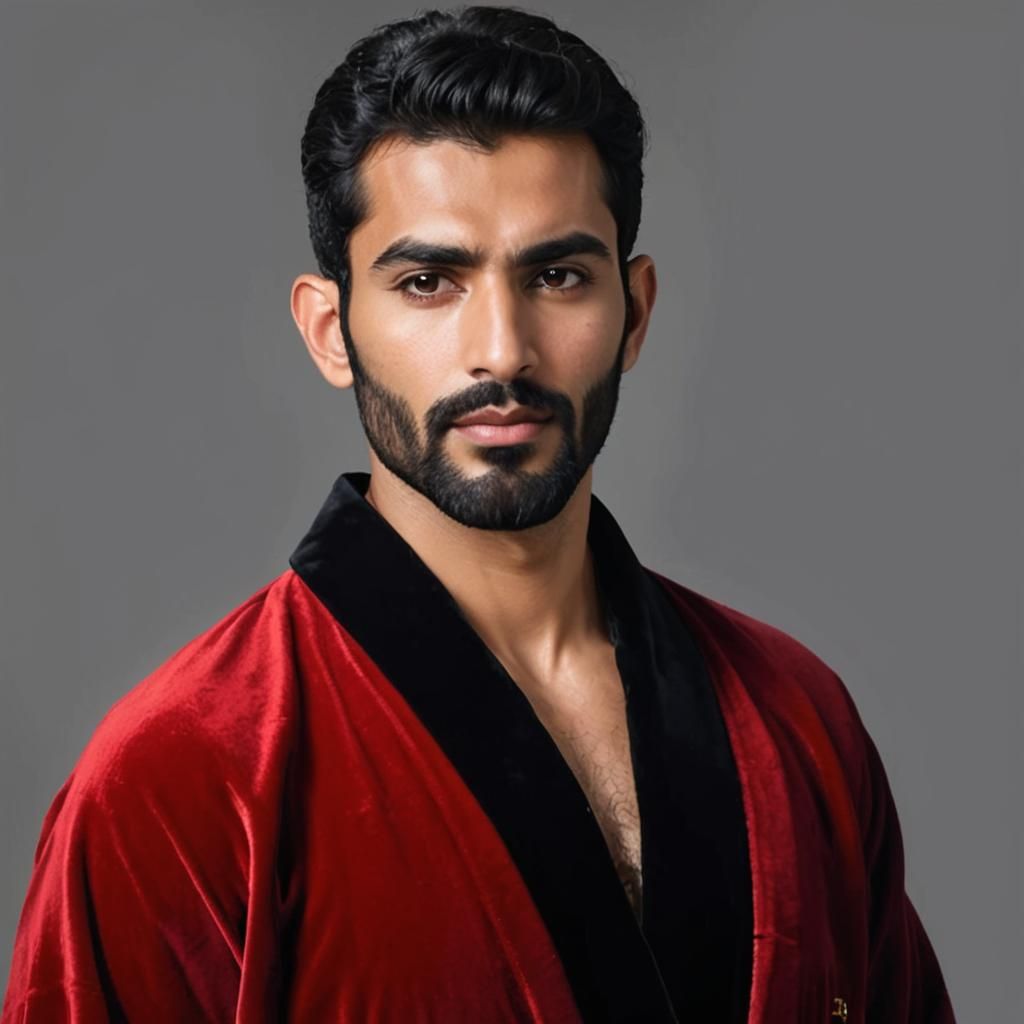 Handsome Man in Red Velvet Bathrobe, Impasto Painting