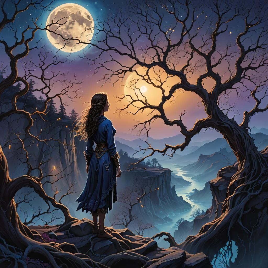 Moonlit Woman on Cliff Edge: Fantasy Matte Painting