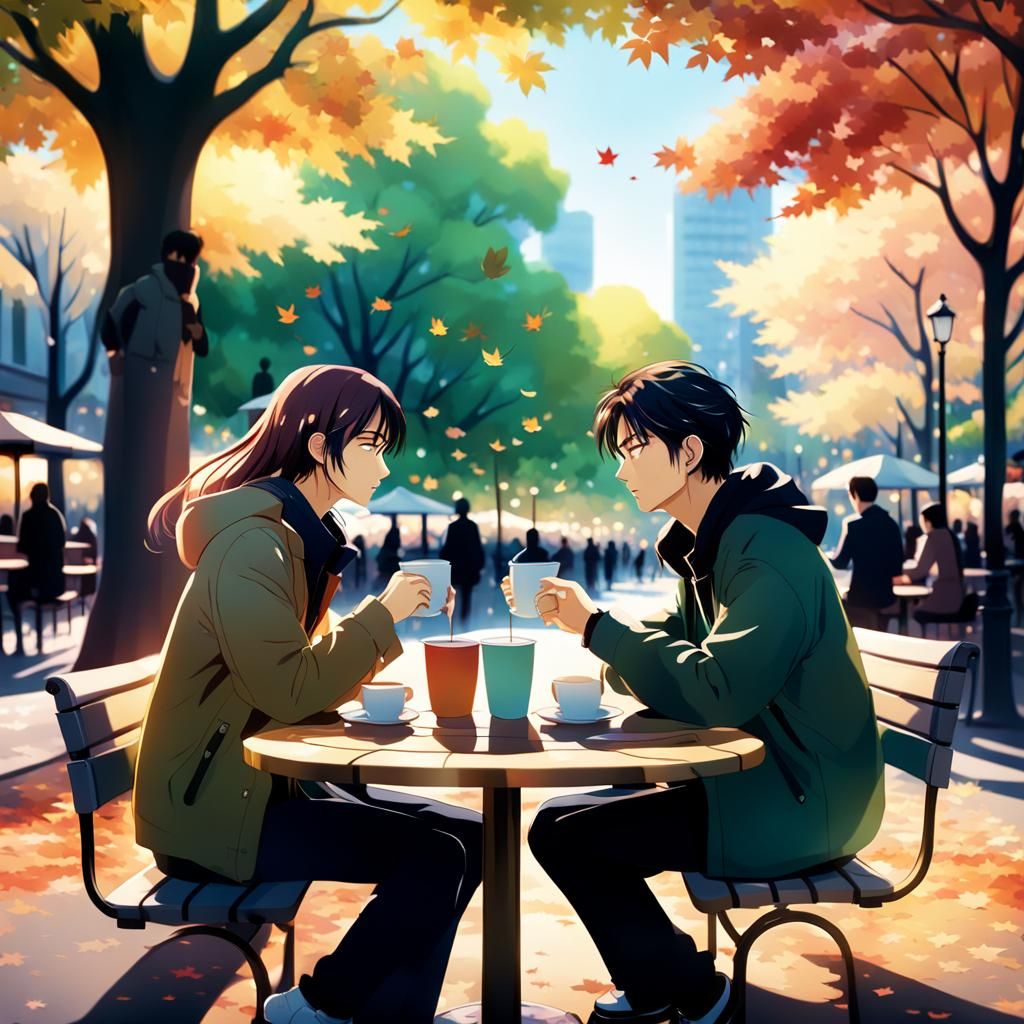 Anime Couple in Park with Autumnal Breeze
