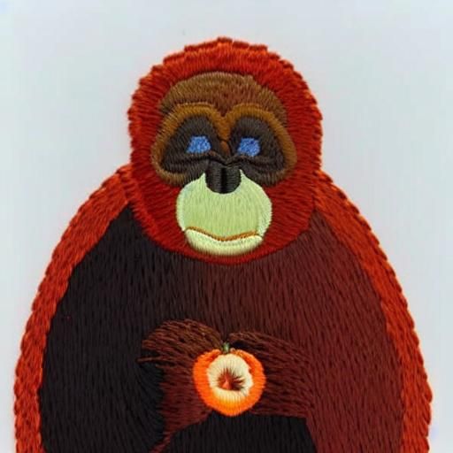 Realistic Orangutan Embroidered Applique Eating Apple