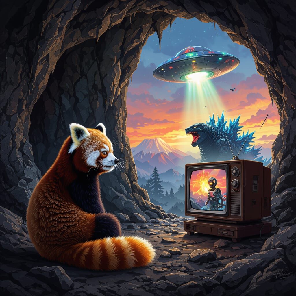 Red Panda and Robot Watch Godzilla on TV in Cave