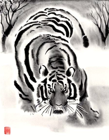 Siberian Tiger Hunting: Minimalist Black Ink Painting