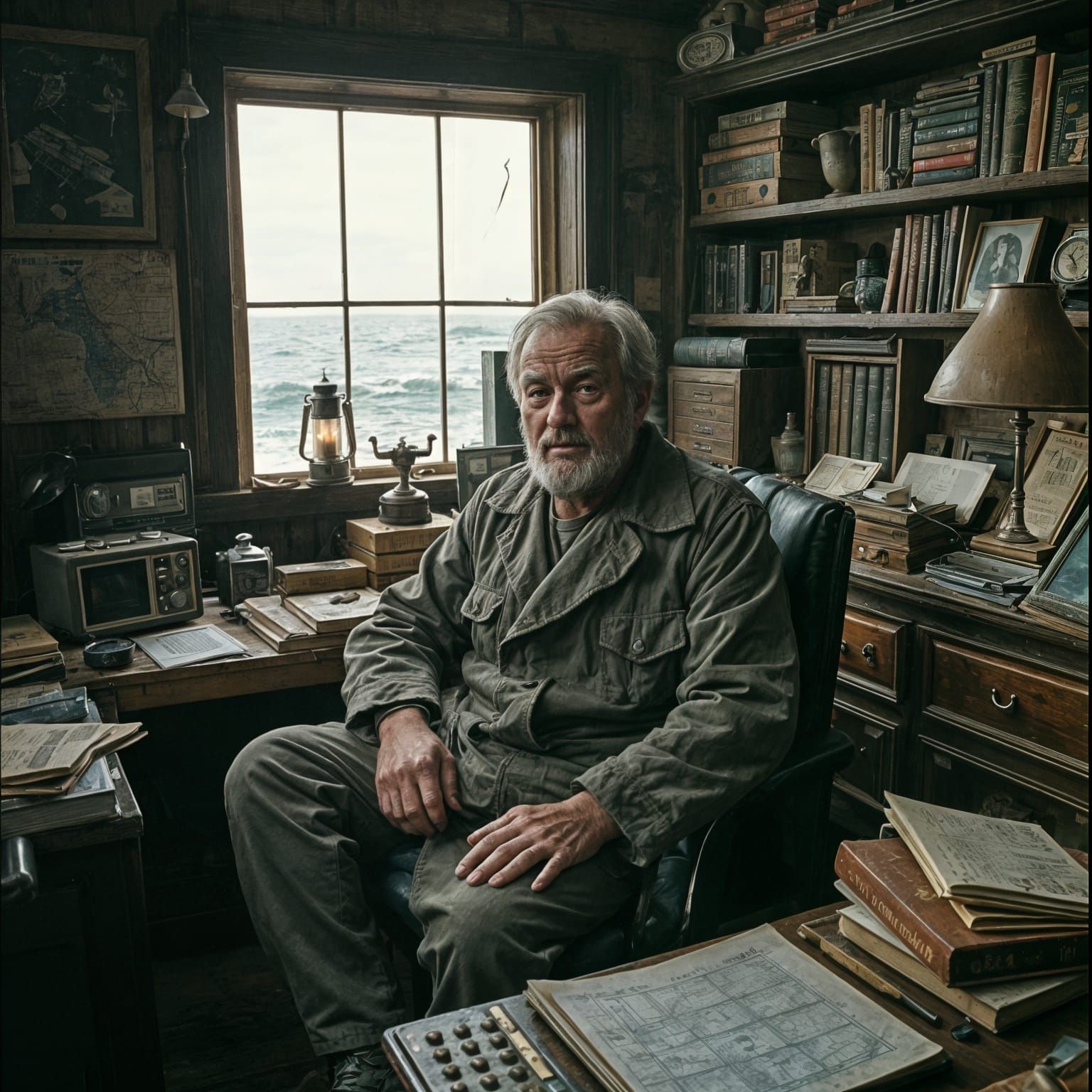Lighthouse Keeper in Stormy Weather, Cinematic Film Still