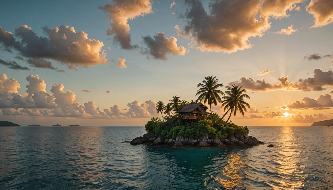 Tropical Island with Coconut Palm at Sunset