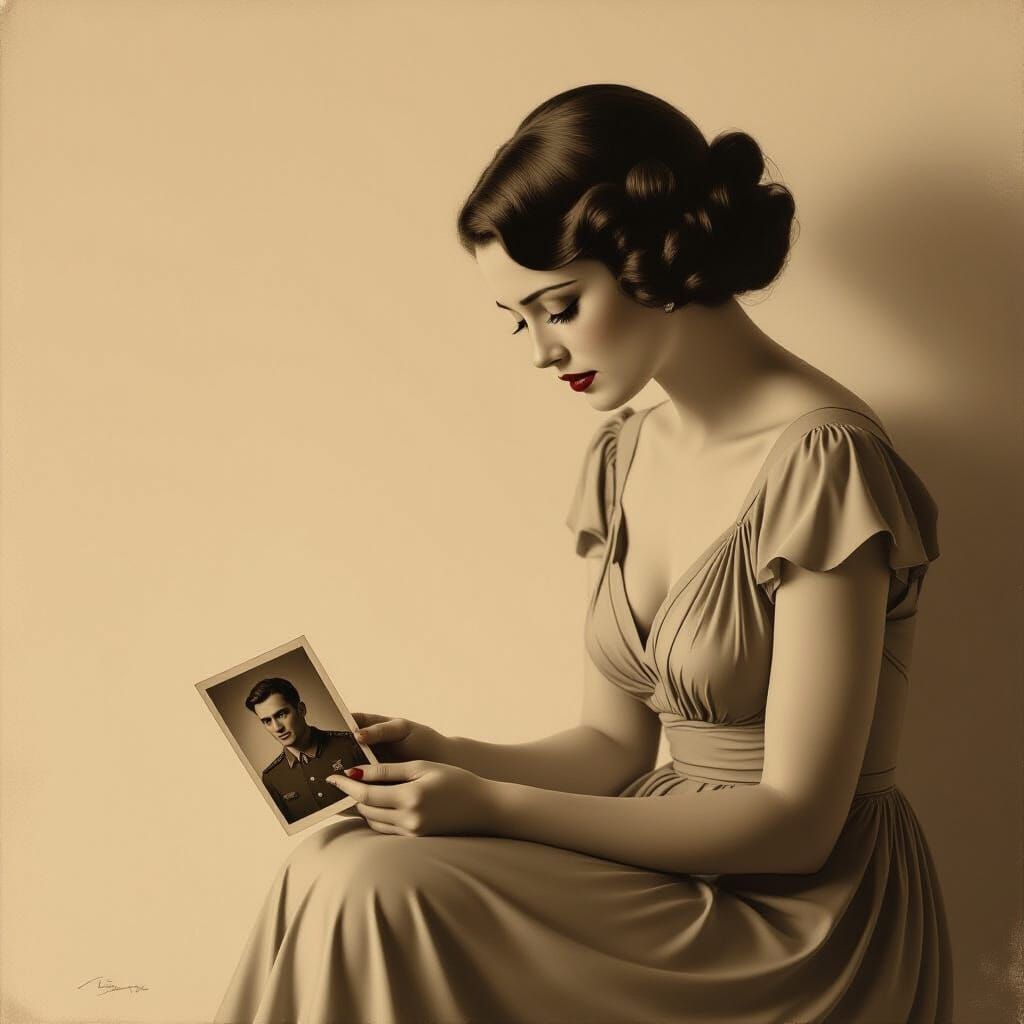 Sorrowful 1930s Woman with Soldier Photograph