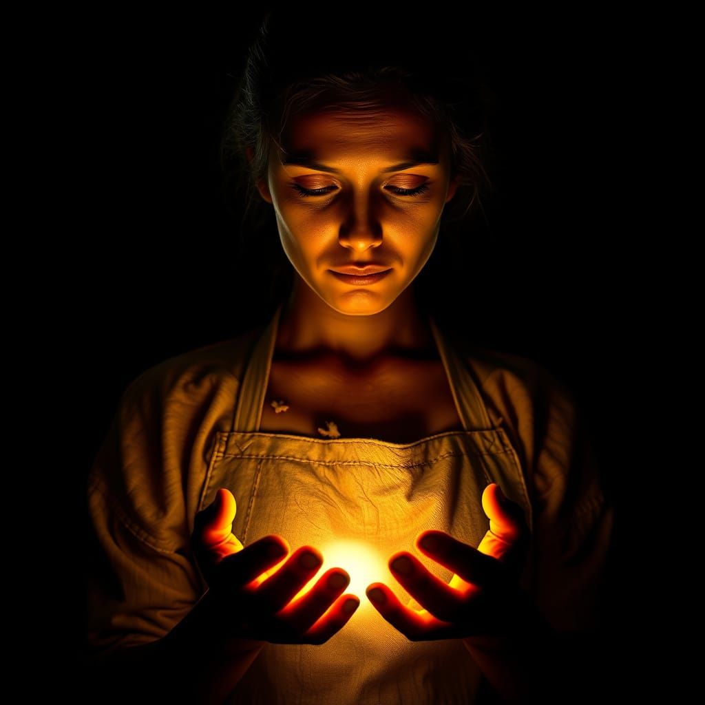 Mother Glows with Golden Inner Radiance in Dark Room