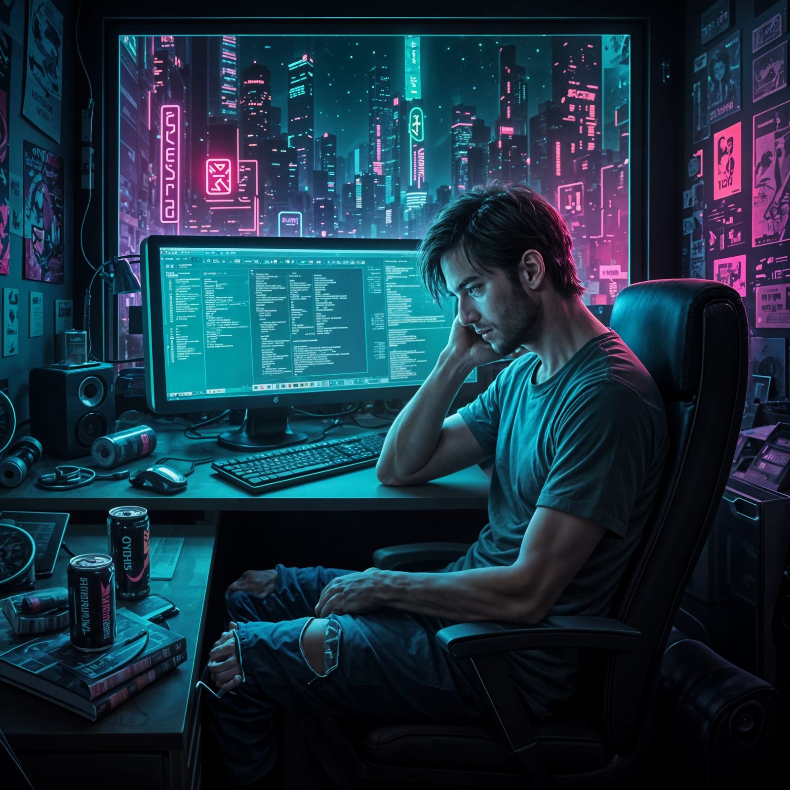 Sleepless Man in Neon Cyberpunk Cityscape