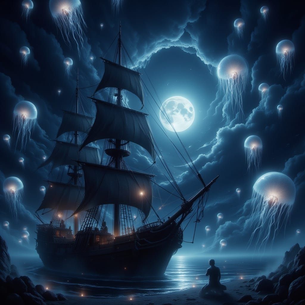Black Pirate Ship with Jellyfish in Dreamlike Style