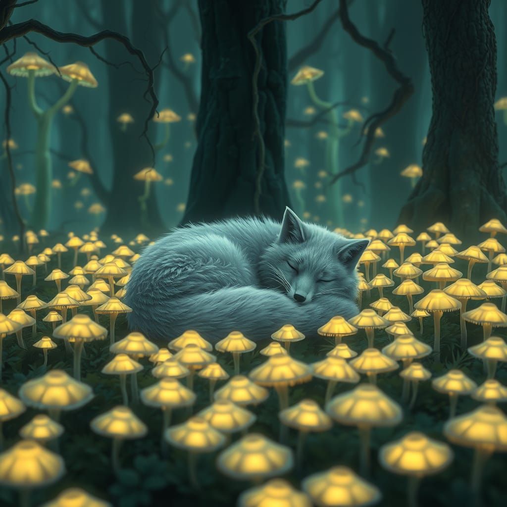 Arctic Fox Asleep in Bioluminescent Forest