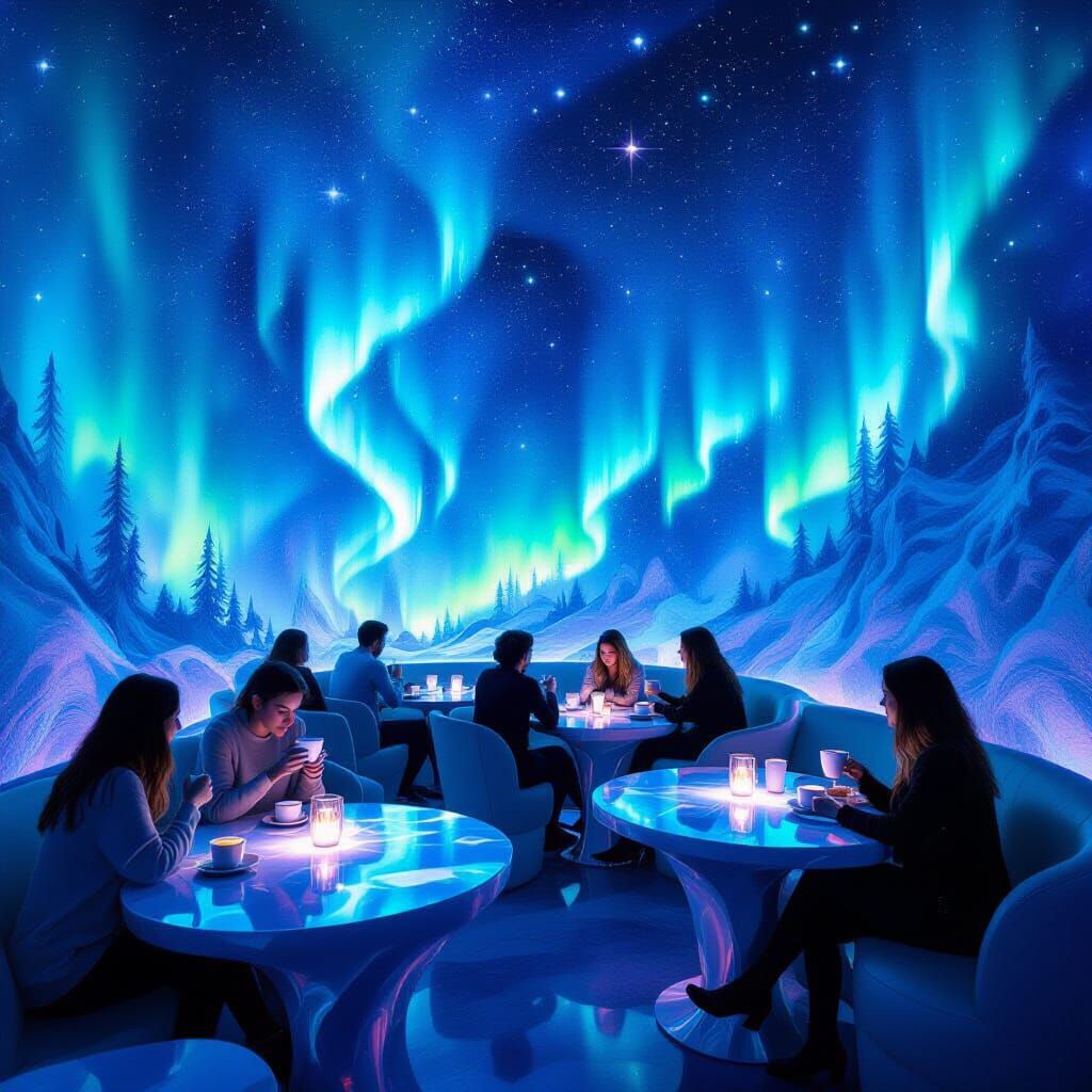 Enchanted Aurora Borealis Cafe With Moonlight Tables