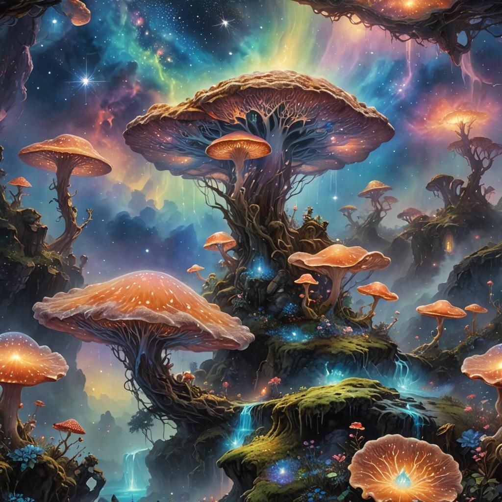 Luminous Fungi in Space: A Thomas Kinkade Inspired Scene