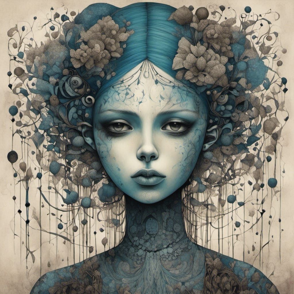 Goth Girl with Blue Hair in Tim Burton Style