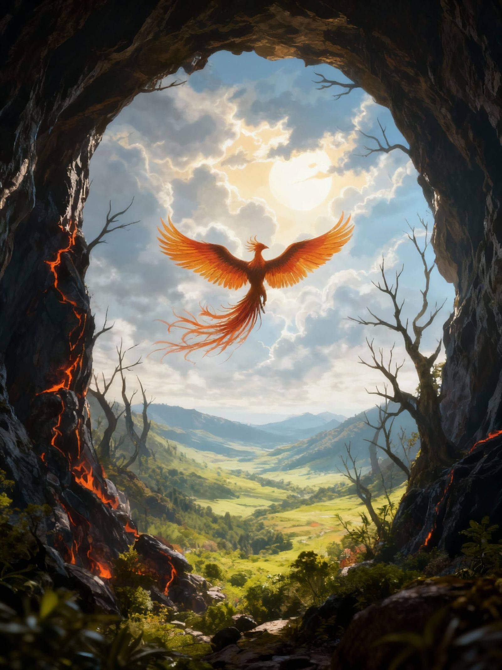 Majestic Phoenix Rises from Embers in Fantasy Art Style