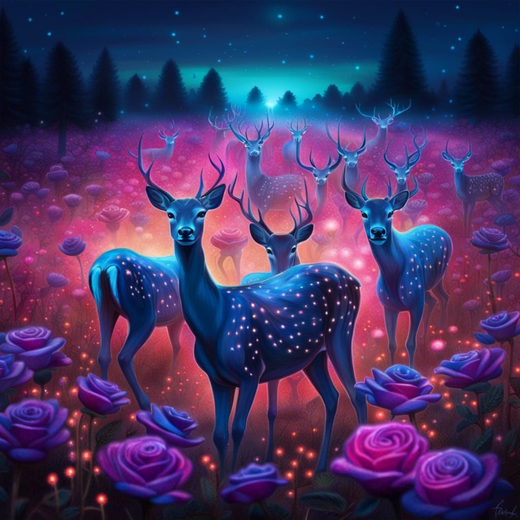 Magical Deer Herd in Bioluminescent Rose Field
