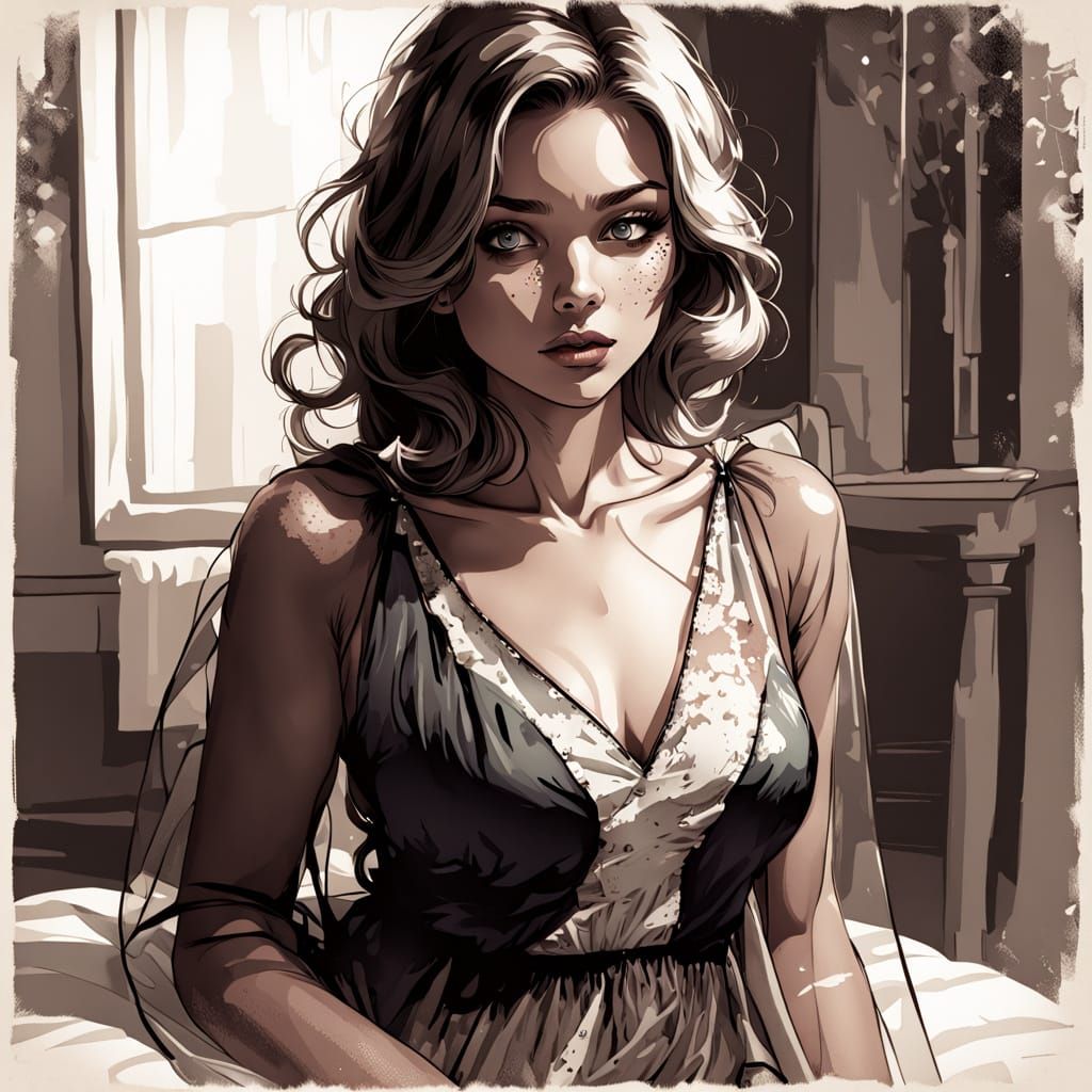 Beautiful Woman with Blue Lips and Hair in Sepia Tones