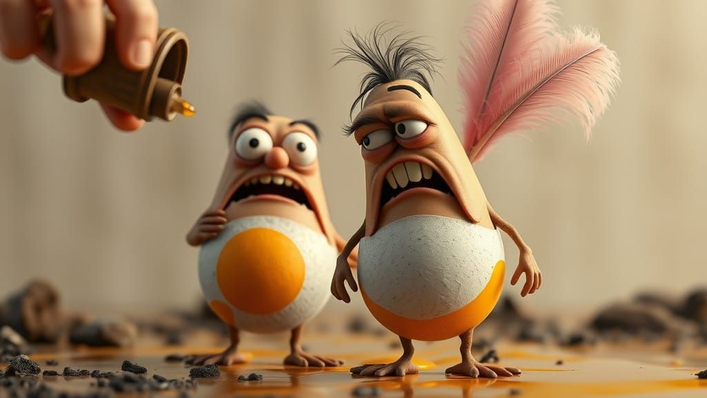 Angry Egg Character Covered in Tar and Feathers