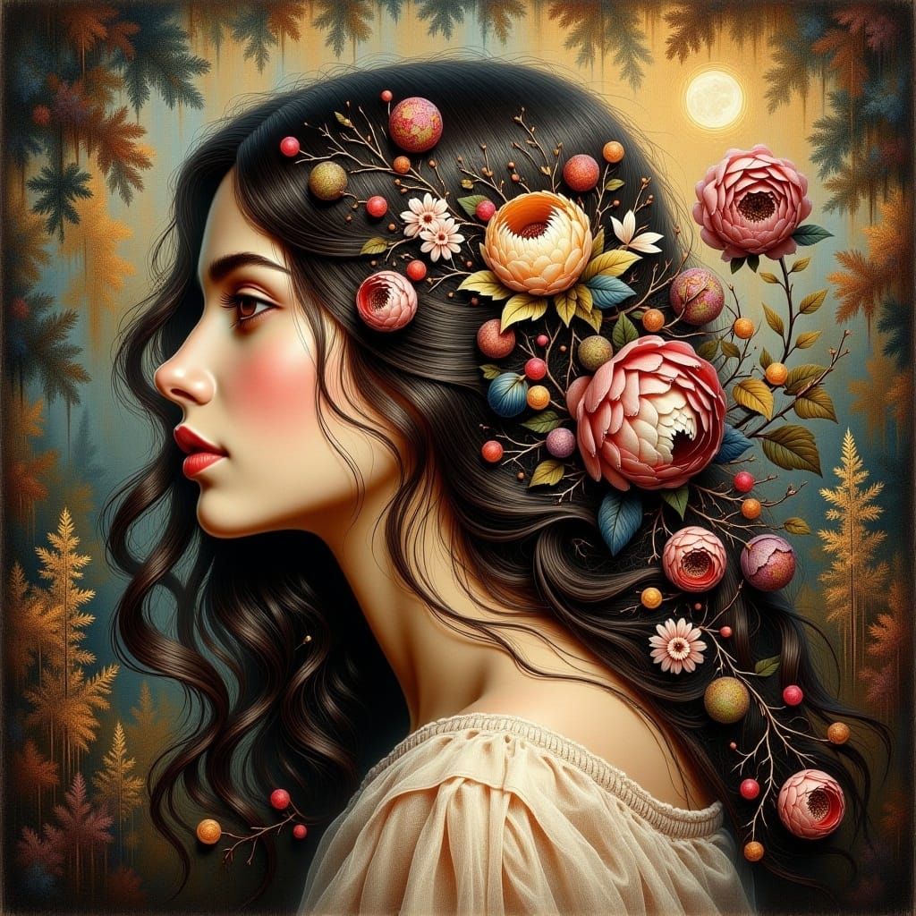 Ethereal Girl with Flowers in Imperial Style