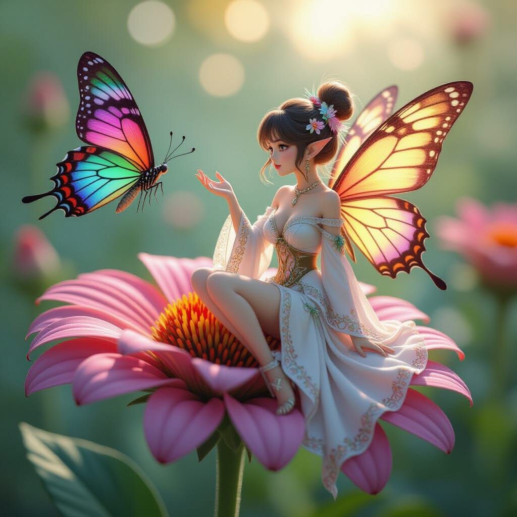 Fairy and Rainbow Butterfly in 3D Anime Art