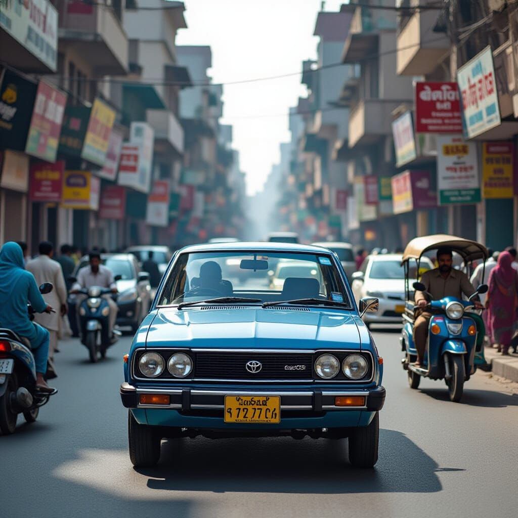 Vintage Blue Corolla Navigates Karachi Rush Hour Streets