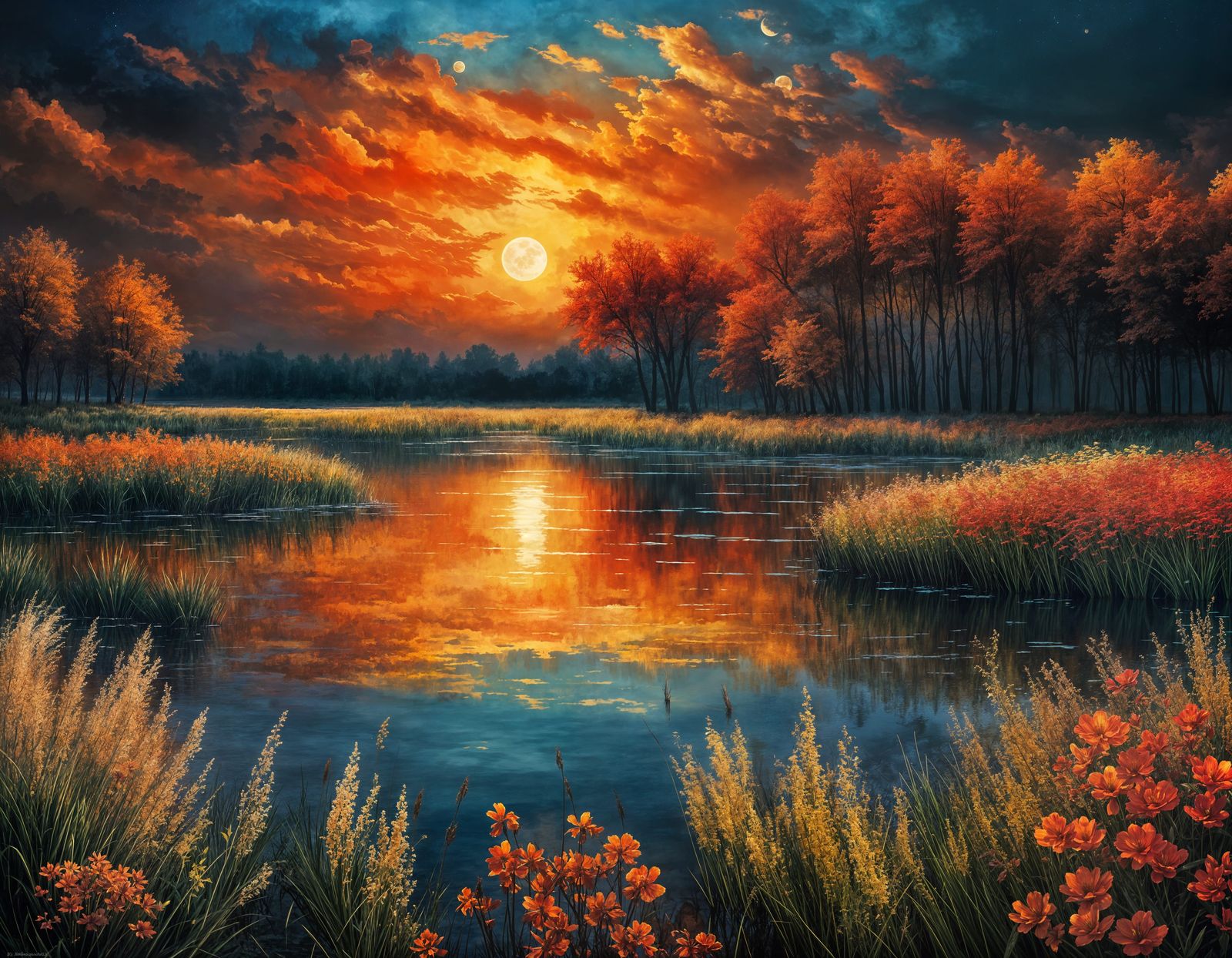 Moonlit Lake: Impressionistic Oil Painting with Vivid Colors
