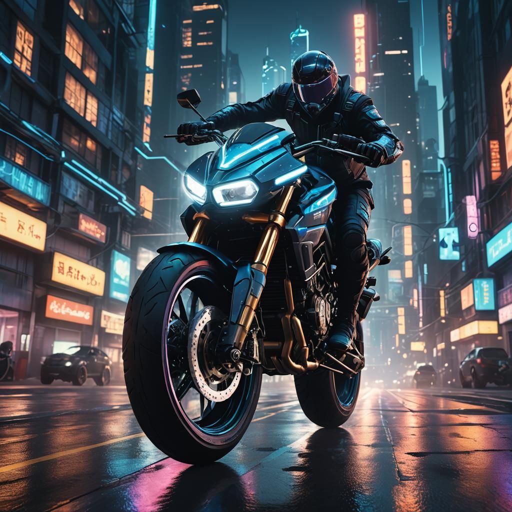 Cyberpunk Motorcycle Glides Through Neon Cityscape