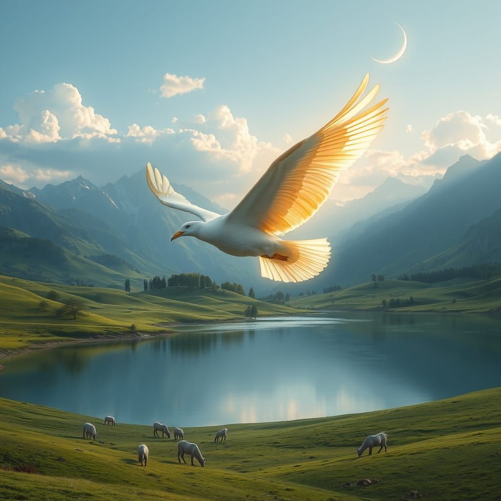 Majestic White Bird Soars Over Serene Lake Landscape