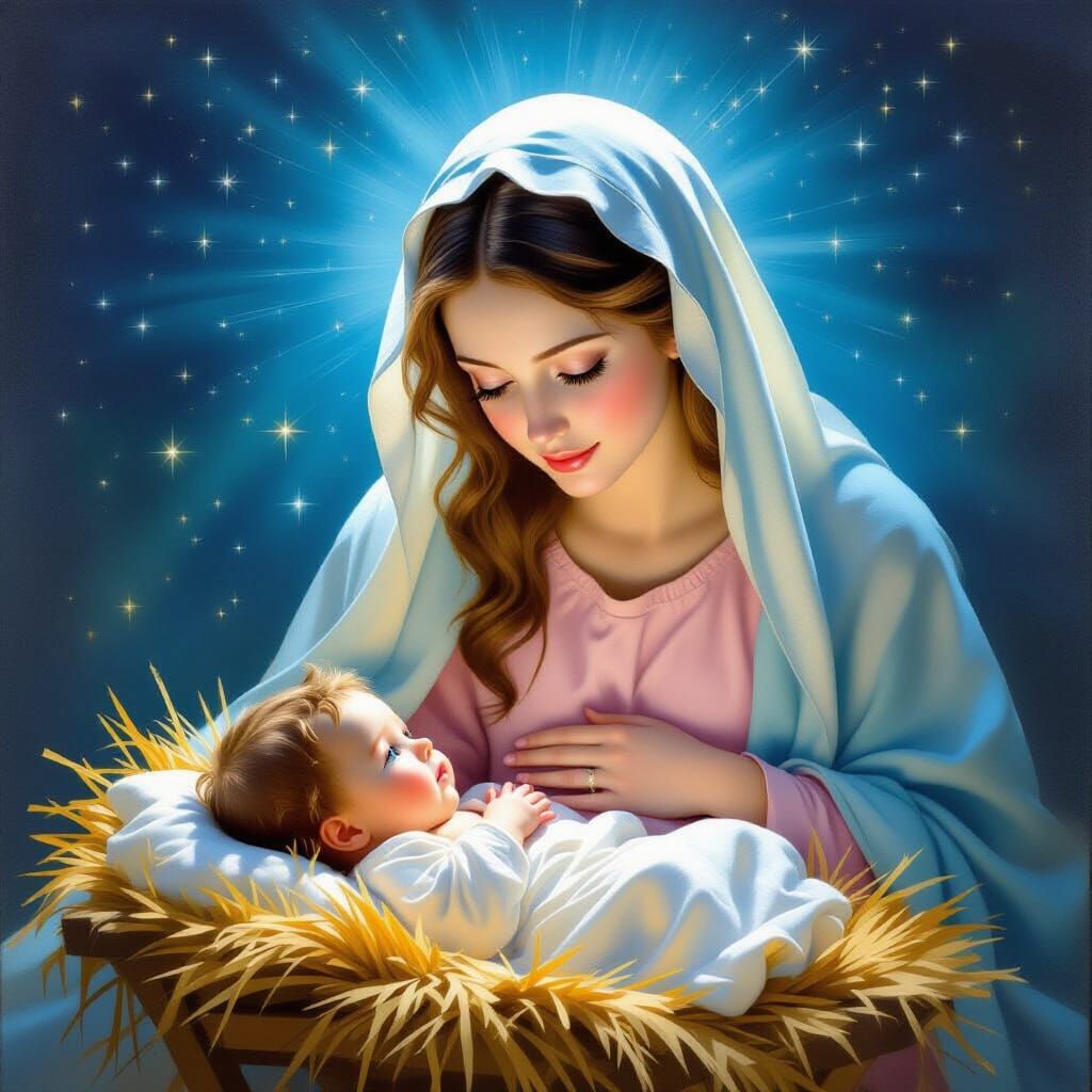 Reverent Nativity Scene Oil Painting with Virgin Mary and In...