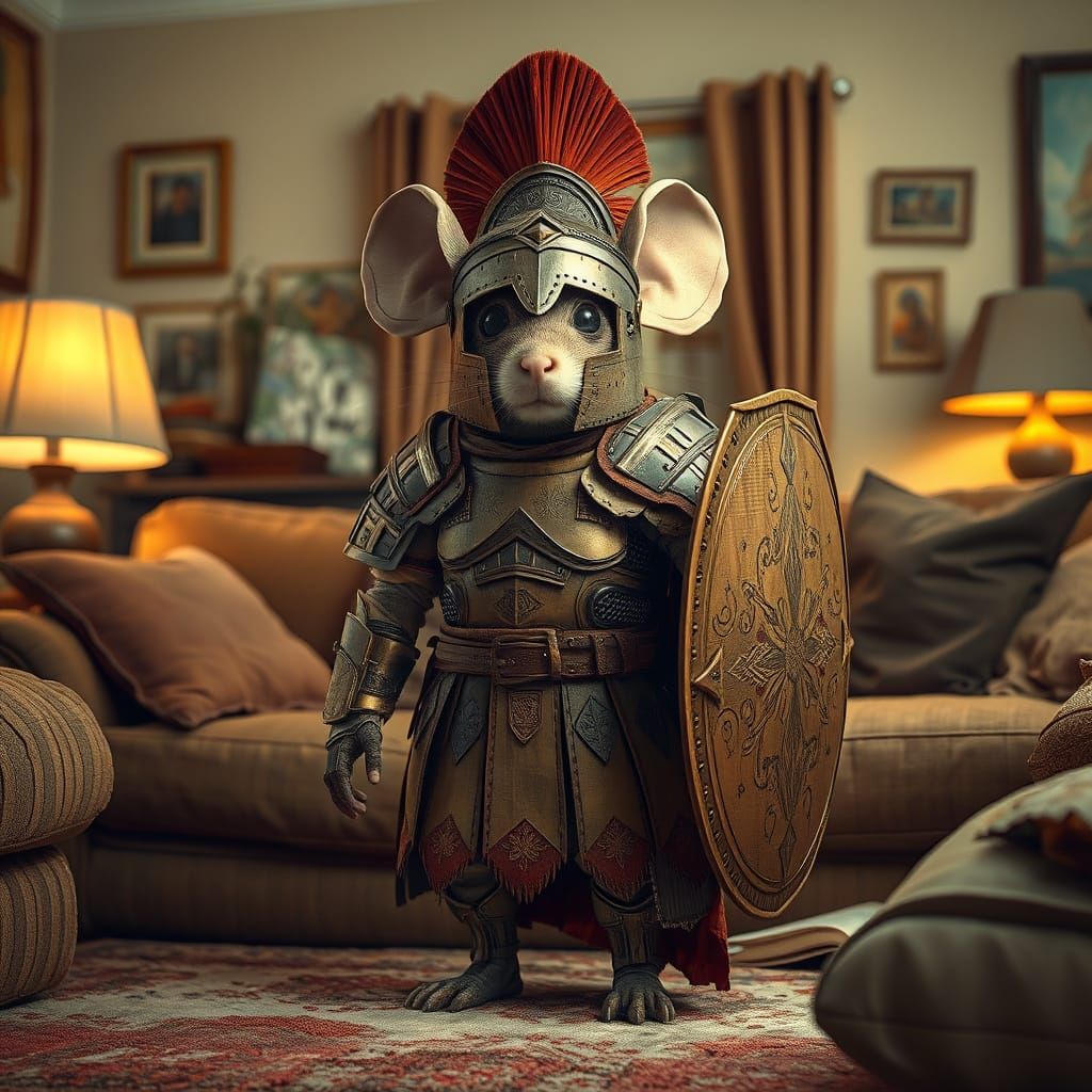 Heroic Mouse in Roman Cardboard Armor