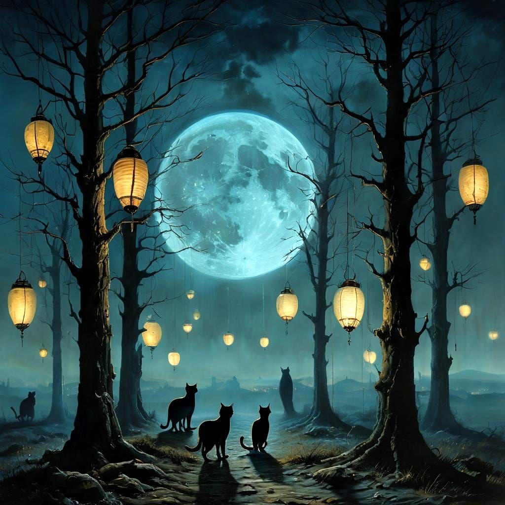 Surreal Moon with Cat Eyes in Dark Fantasy Style