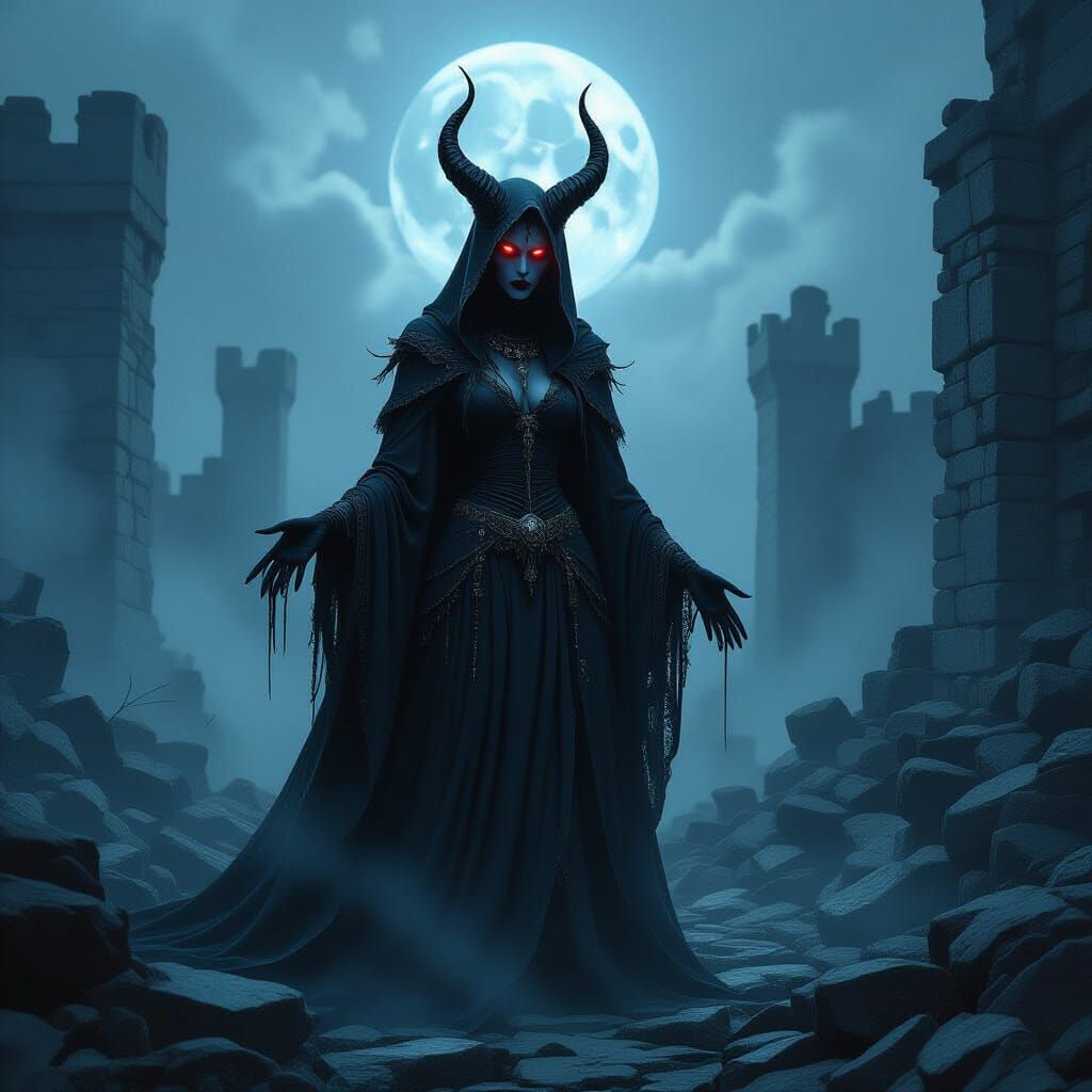 Demonic Witch in Foggy Ruins with Glowing Eyes