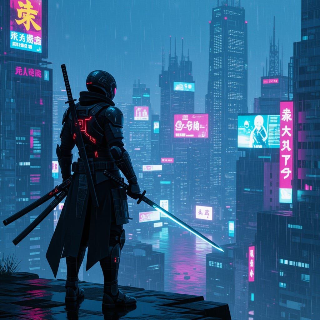 Cyberpunk Ninja Overlooking Rainy Cityscape