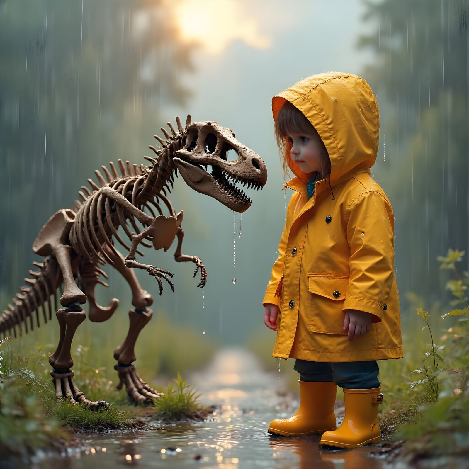 Dinosaur Skeleton in Summer Rain: Photorealistic Painting