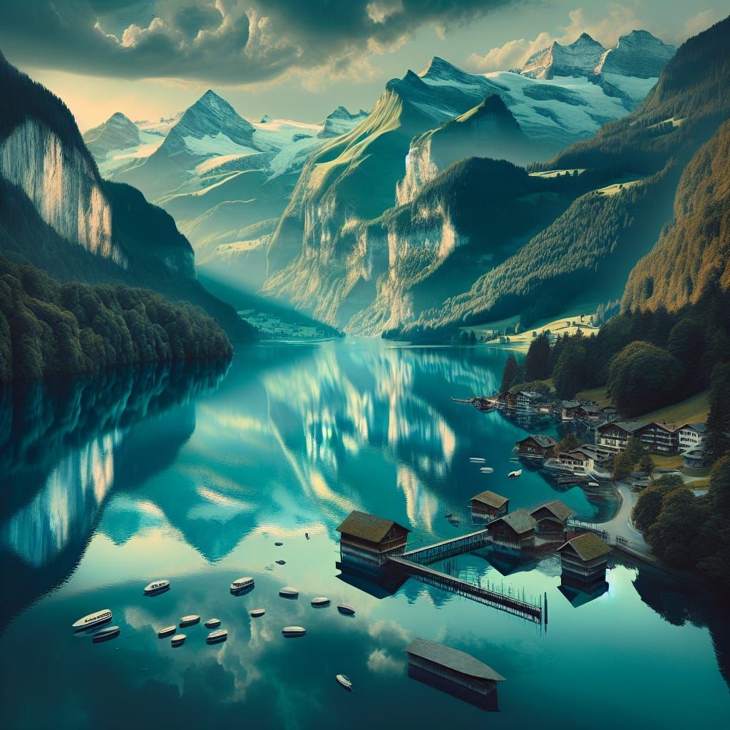 Swiss Landscape Double Exposure in Art Deco Style