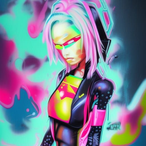 Cyberpunk Girl Escaping Crime in Graffiti Art Style