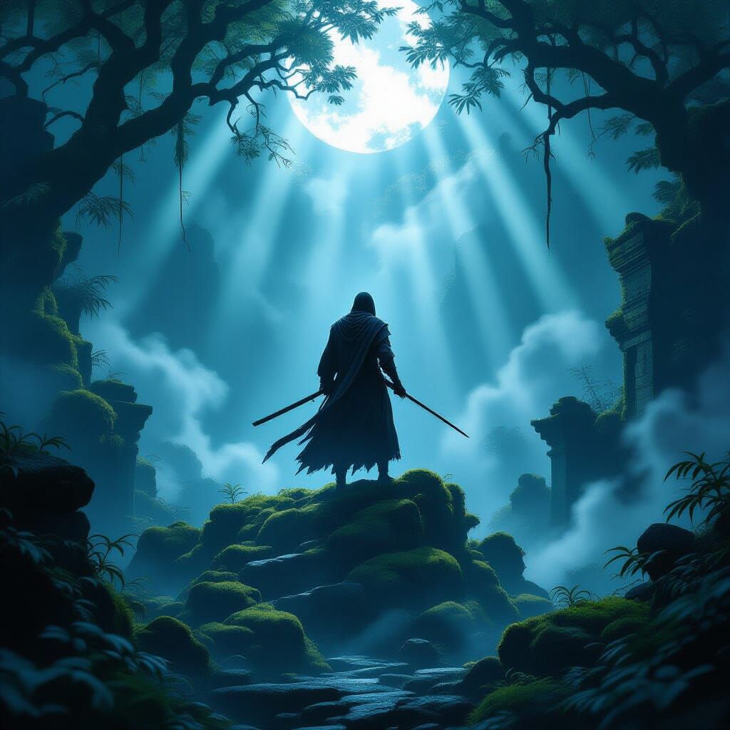 Ninja Warrior on Ancient Ruin in Enchanted Forest