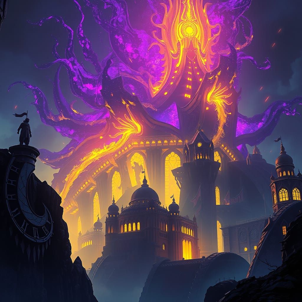 Dark Fantasy Concept Art in Purple and Yellow