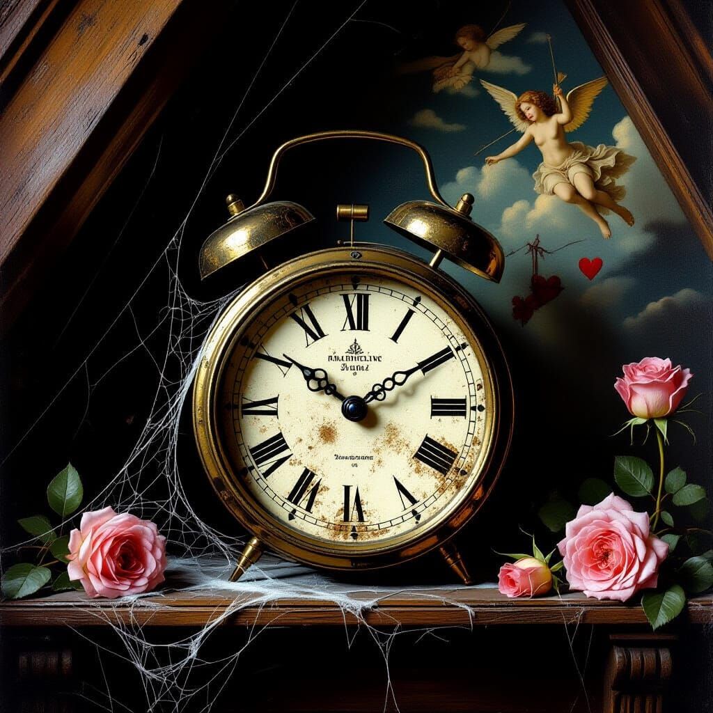 Vintage Alarm Clock in Moonlit Castle Attic