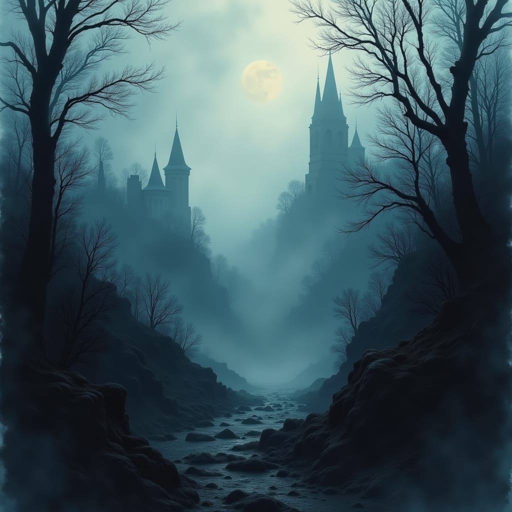 Haunted Foggy Fantasy City in Gothic Romance Style