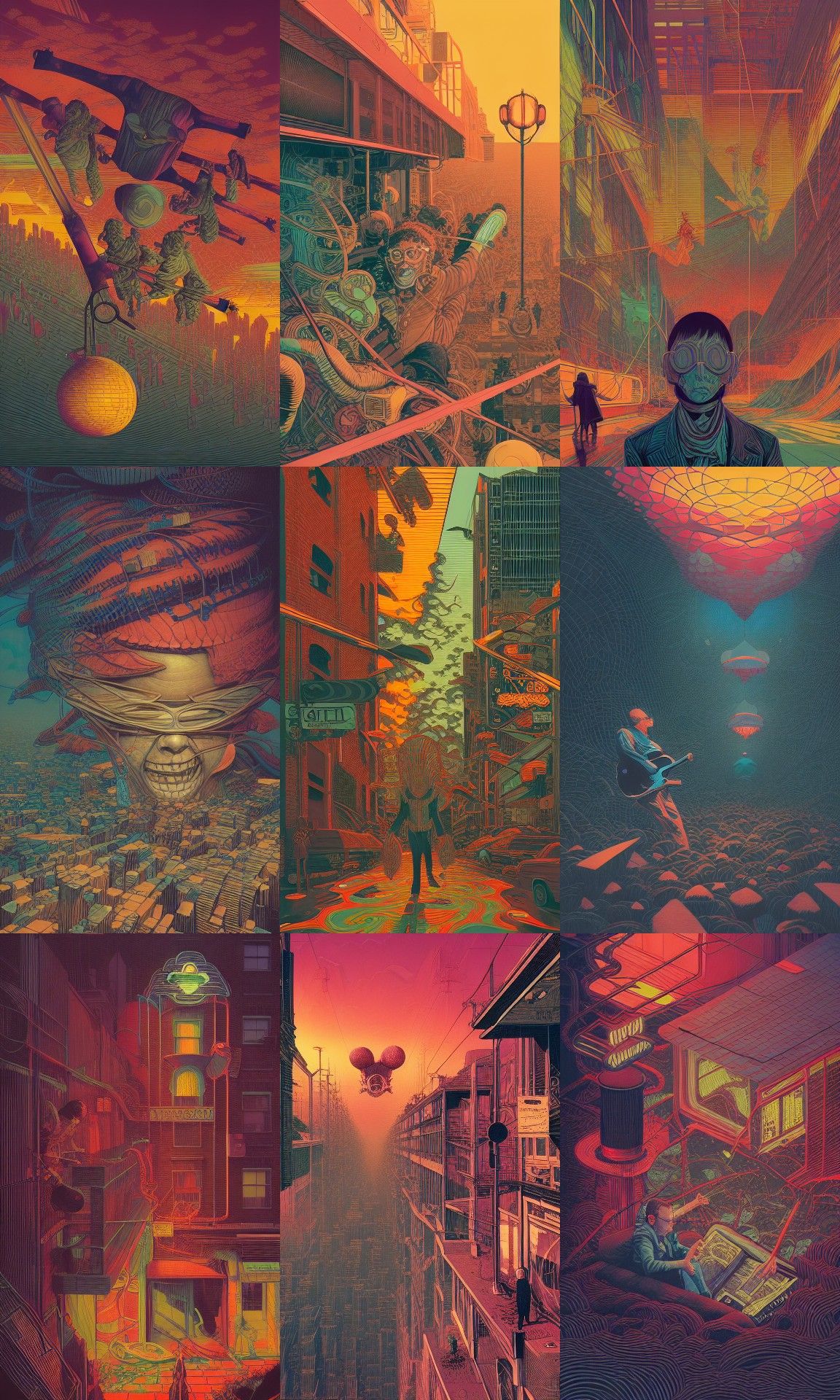 Infamous Stringdusters, pop art, by Dan Mumford, Dan Witz, Junji Ito, M.W. Kaluta, Victo Ngai and Lee Madgwick, fantasy ...