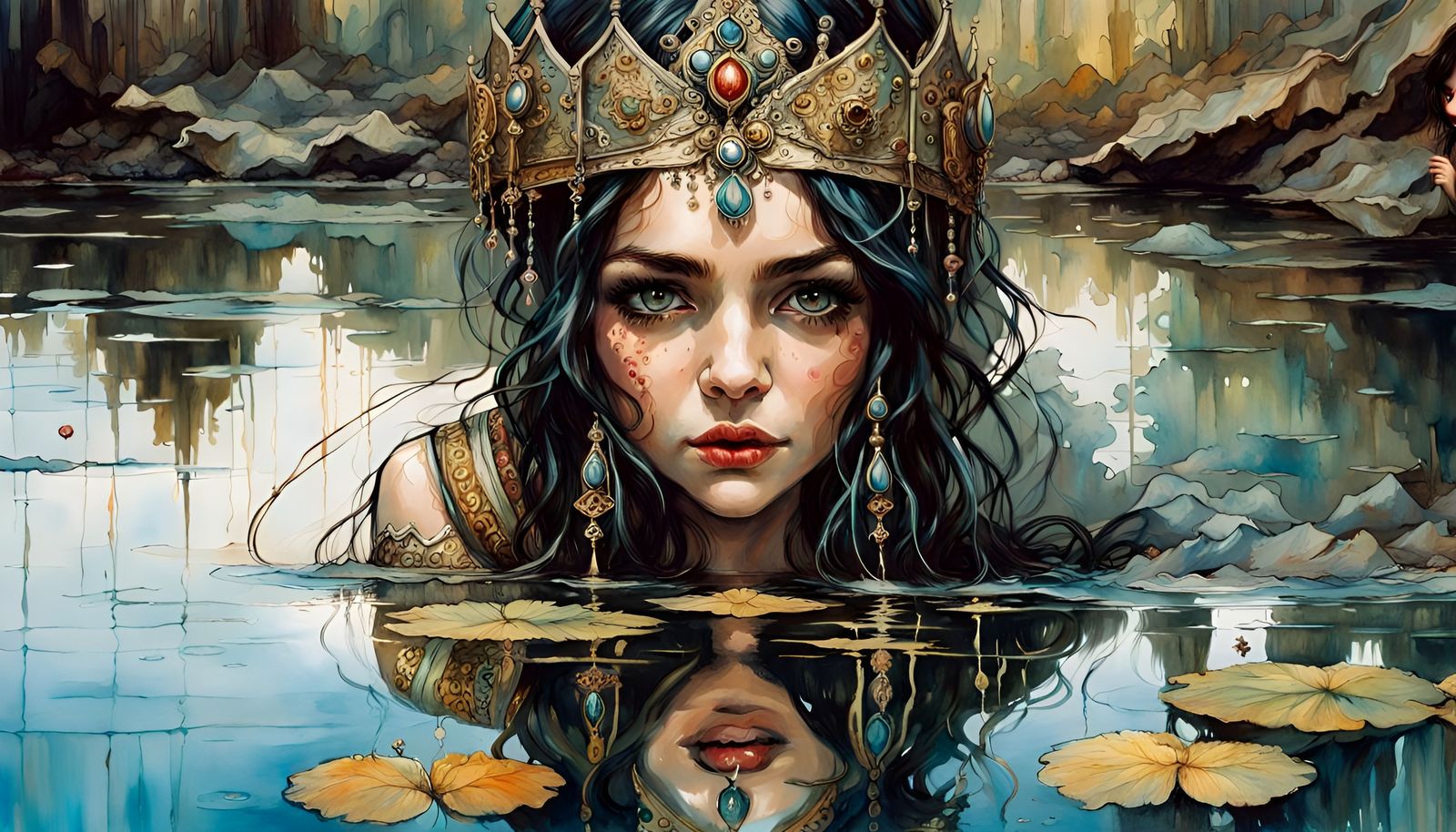 Ornate Persian Princess Gazing into a Dark Pond