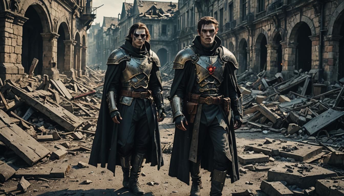 Medieval Cyborg Vampire in Decayed City Ruins