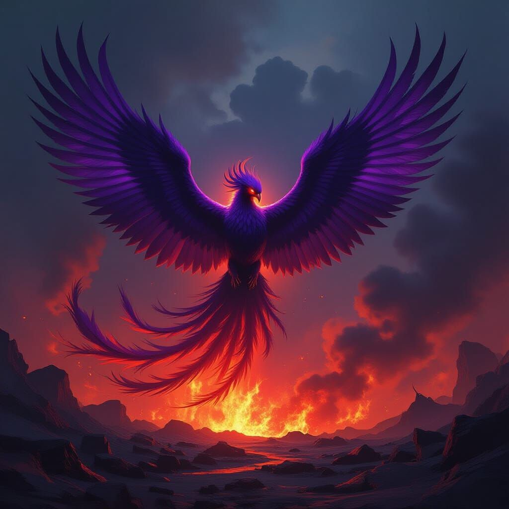 Hellborn Phoenix Ascends from Burning Obsidian Landscape