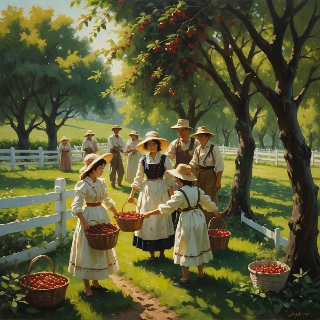 Cherry Orchard Fantasy Scene in Oil Painting Style