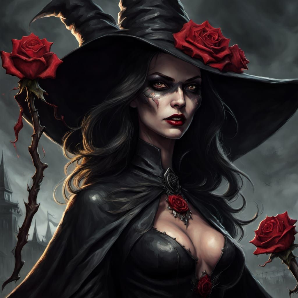 Mysterious Dark Rose Sorceress in Black