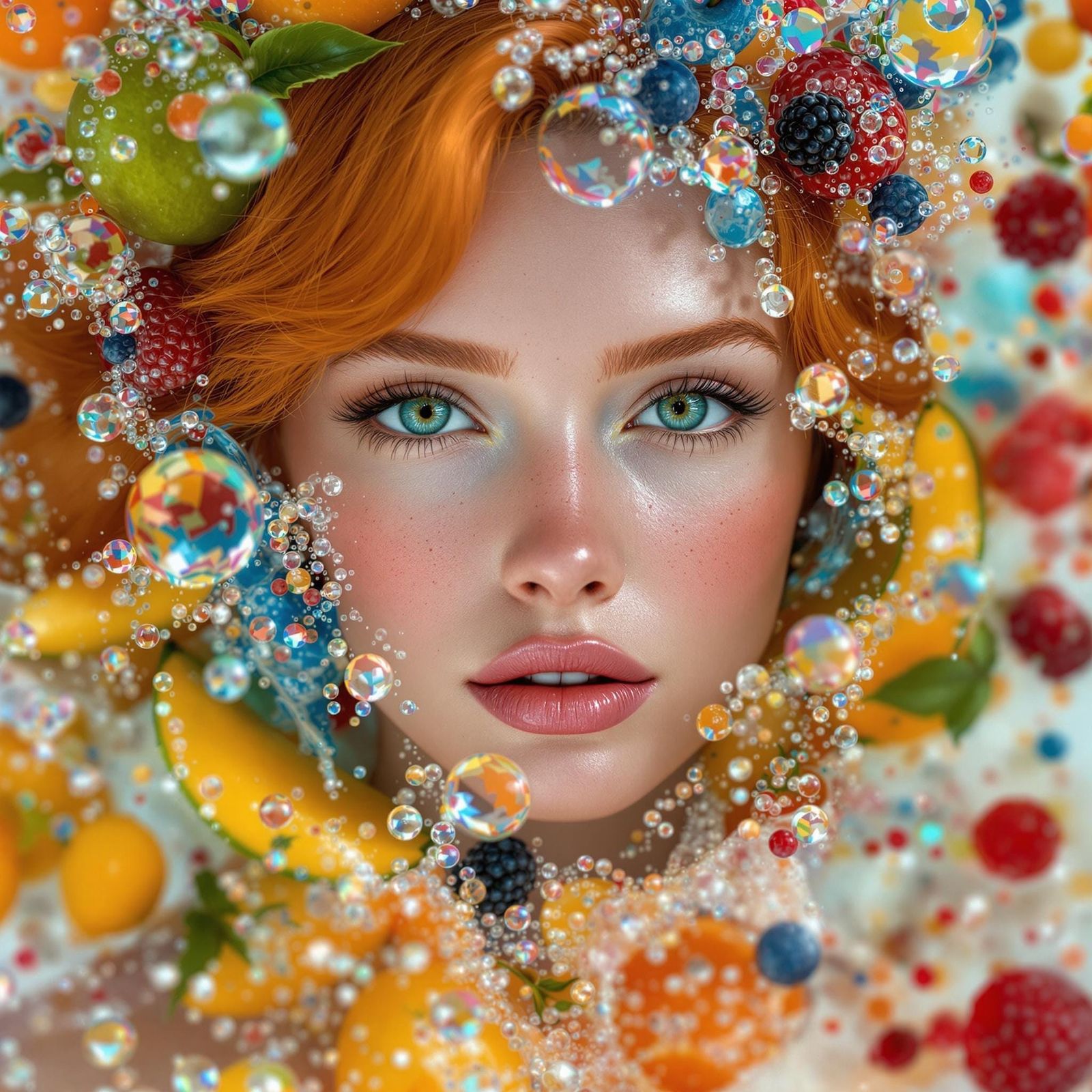 Ginger Goddess Amidst Vibrant Tropical Fruit